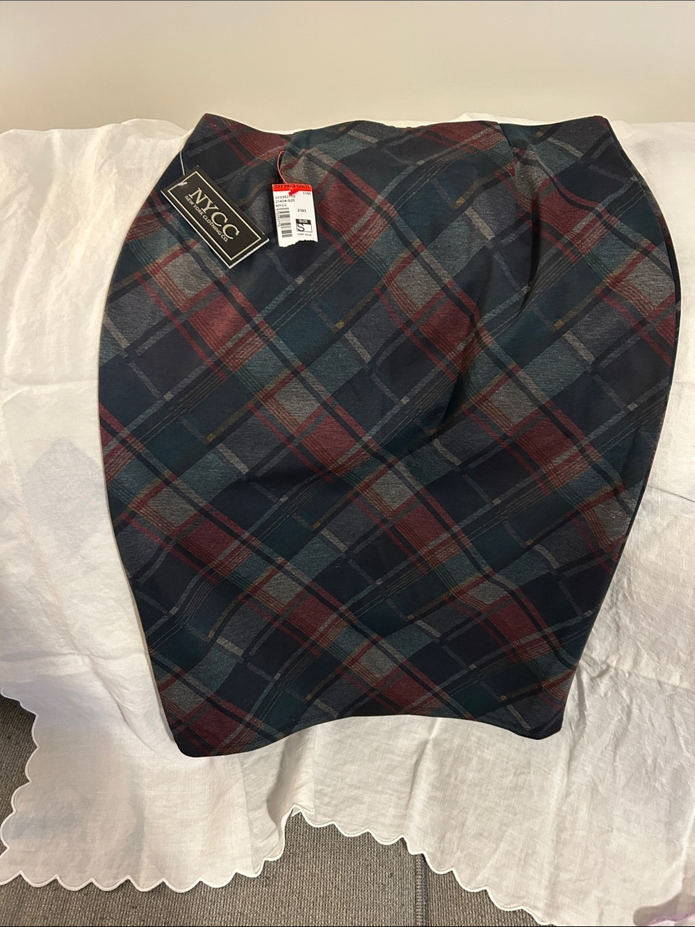 New York & Company Navy and Burgundy Plaid Pencil Skirt